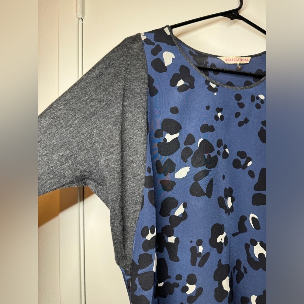 Rebecca Taylor Navy Blue Grey Leopard Animal Print Silk Wool Blend Blouse Size 2 - Picture 3 of 14